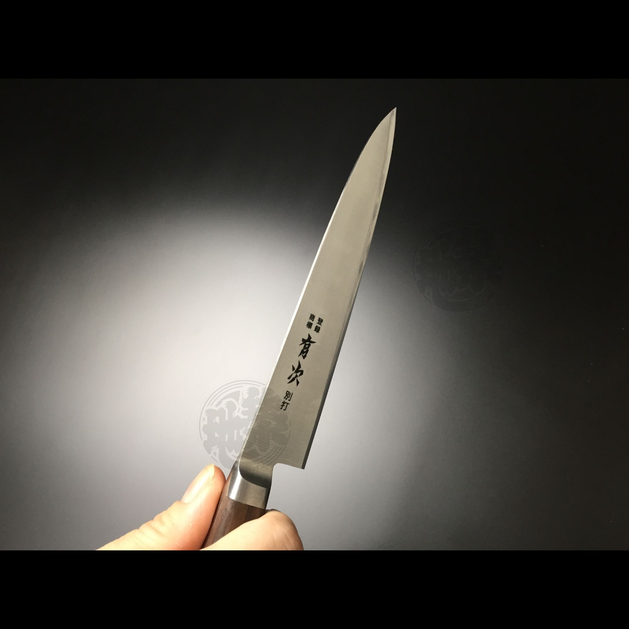 Authentic Tsukiji Aritsugu Alloy Steel Petty knife 160mm (6.3") with Rosewood handle and wooden Saya case. A professional double-edged utility knife for intricate kitchen work.