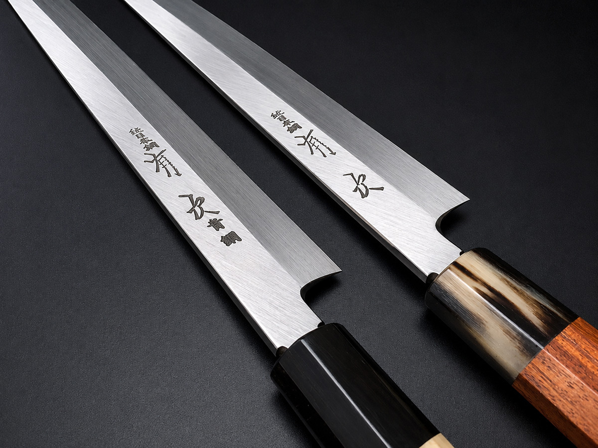 Aritsugu Honyaki Yanagiba Japanese chef knives, White Steel and Blue Steel comparison for sushi and sashimi preparation, handcrafted in Japan.