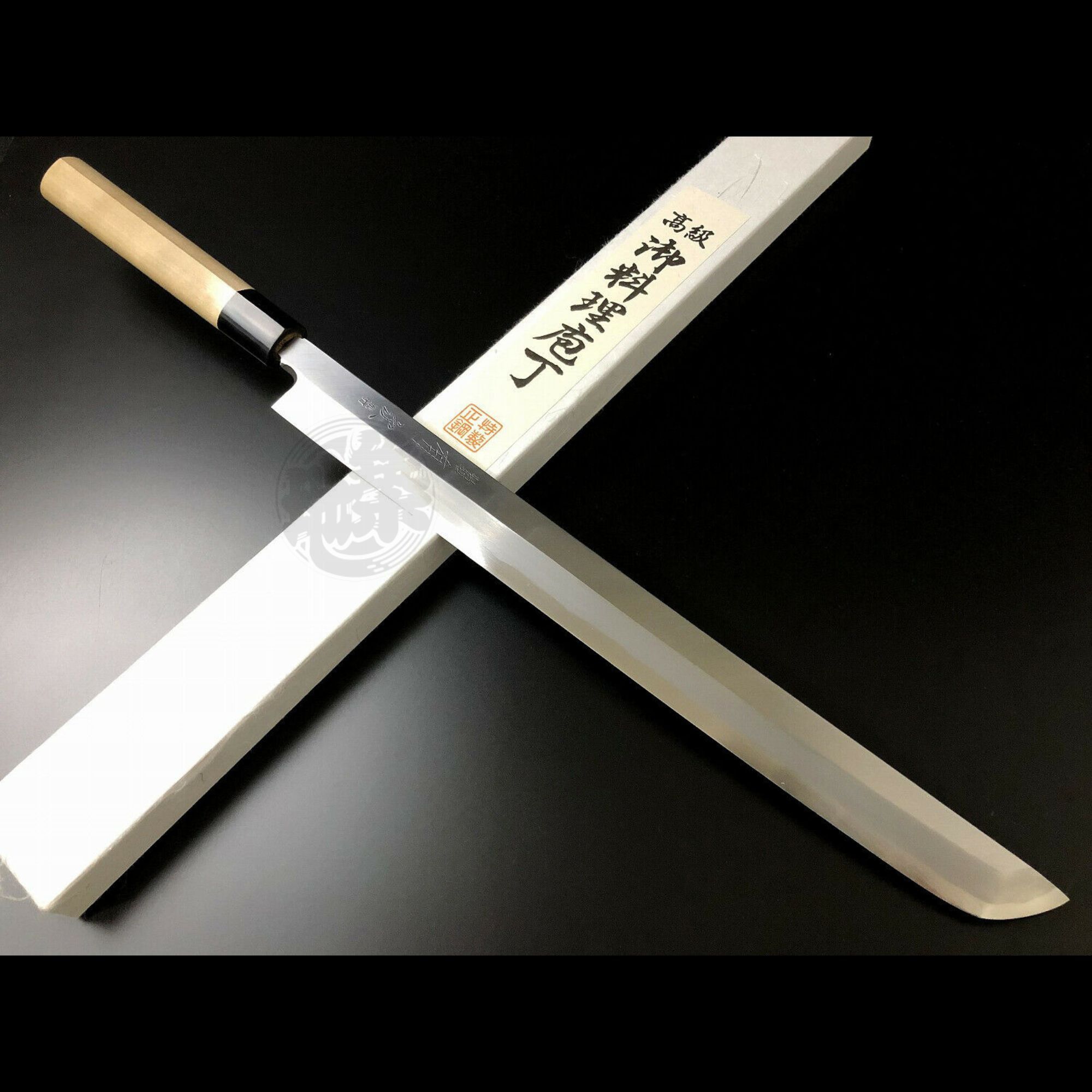 Authentic Tsukiji Aritsugu 330mm (13") Sakimaru Takohiki, Blue Steel #2 Katana-style sashimi knife with magnolia handle and buffalo horn bolster.