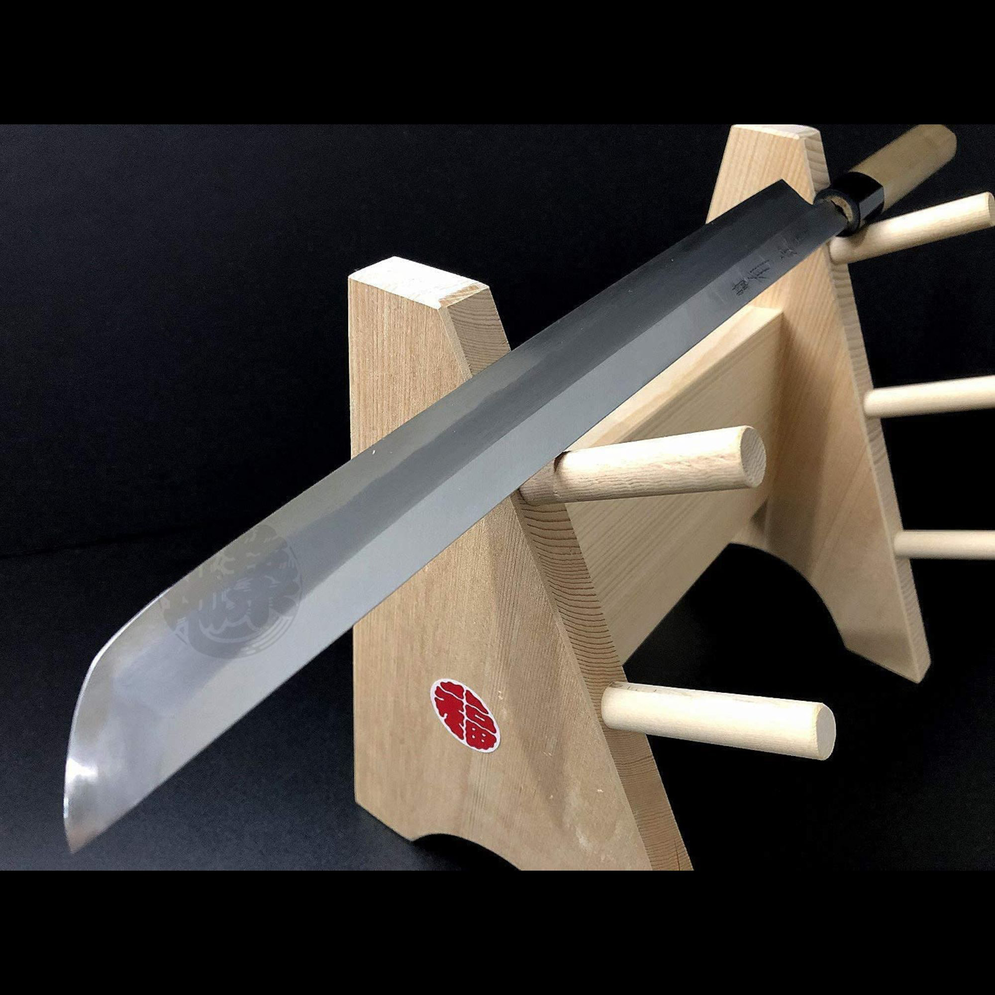 Aritsugu Sakimaru Takohiki 330mm Blue Steel Japanese Katana-Style Sashimi Knife on Wooden Stand