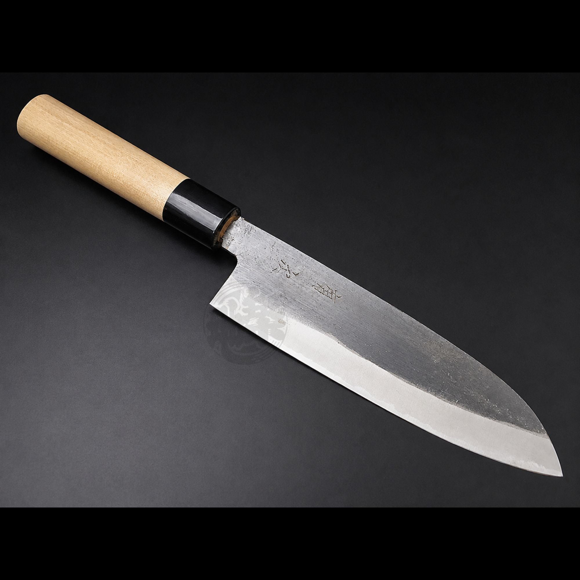 Tsukiji Aritsugu Santoku knife 180mm (7.1 inch) in Blue Steel #2, showing the blade engraving, magnolia wood handle and black buffalo horn bolster