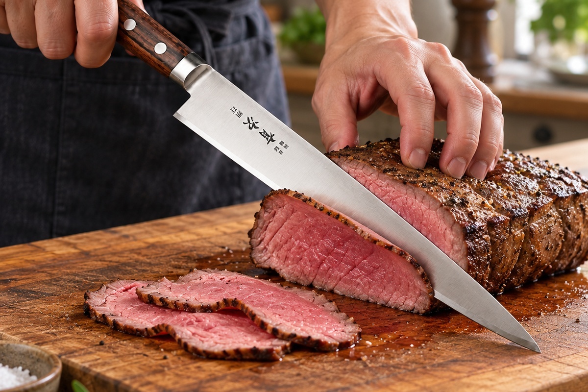 Chef slicing roast beef on a wooden cutting board with an Aritsugu 270mm Sujihiki Japanese knife