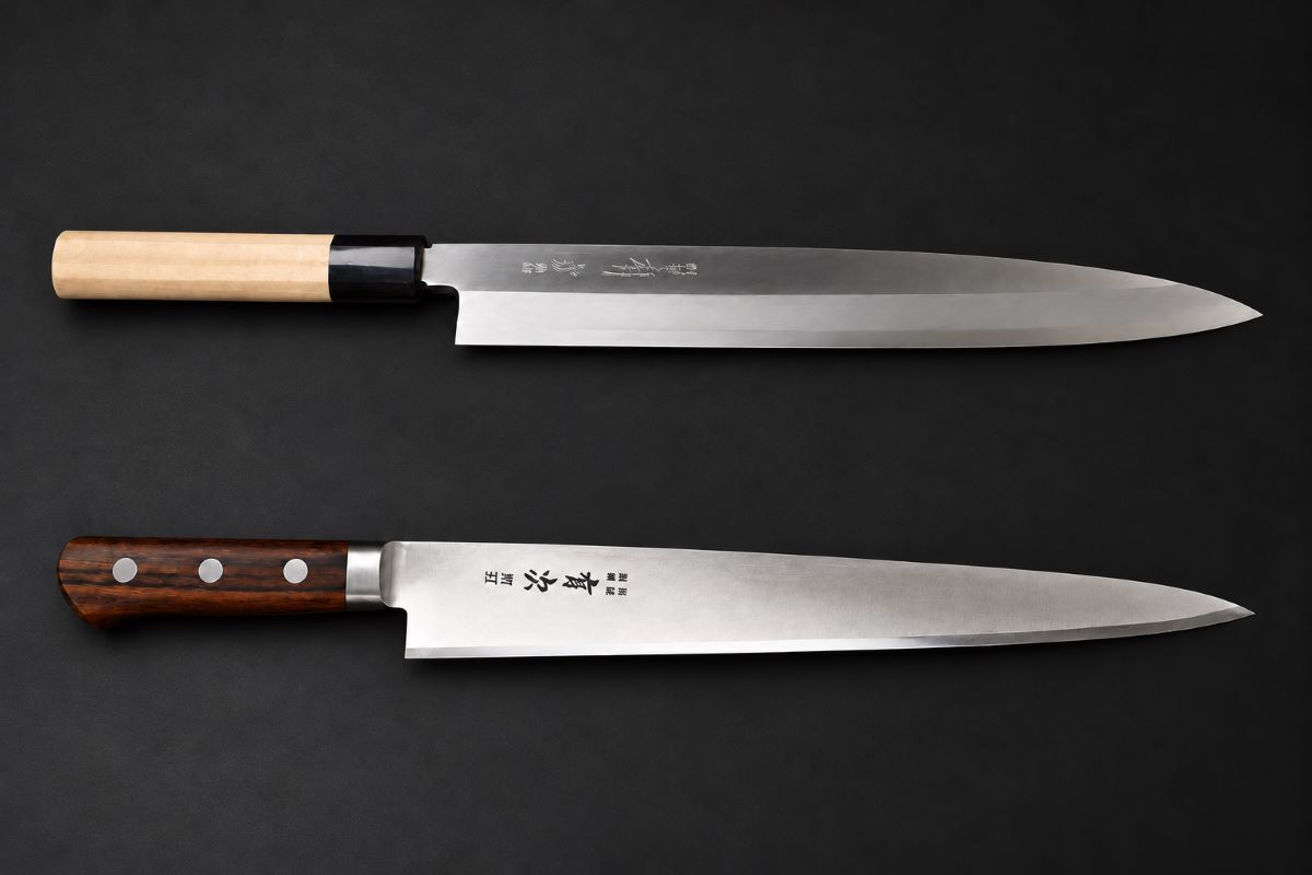 Aritsugu 270mm Yanagiba and Sujihiki Japanese knives shown together for blade and handle comparison