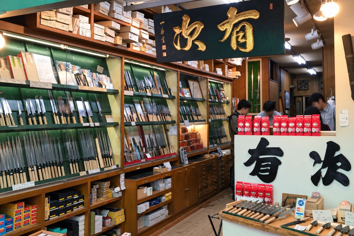 Interior of the Tsukiji Aritsugu knife shop in Tokyo, with Japanese kitchen knives in glass display cabinets and traditional Aritsugu signs